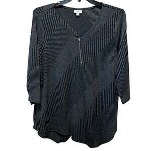 Avenue Womens 14/16 Grey Striped Ribbed Quarter Zip 3/4 Sleeve Sharkbite Tunic